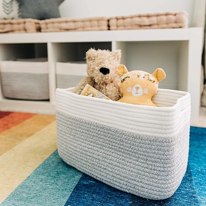 OrganiHaus Woven Basket for Storage, Baby Room Furniture, Decorative Towel Baskets for Bathroom, Cotton Rope Basket for Storage, Woven Baskets for Organizing, Rectangular Storage Basket, Grey