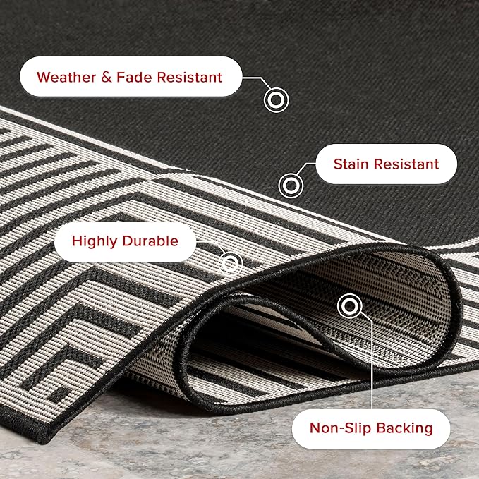 nuLOOM 5' x 8' Outdoor Area Rug, Casual Design With Striped Border, Stain Resistant, Highly Durable, For Patio, Balcony, Bedroom, Living Room, Dining Room, Bathroom, Black
