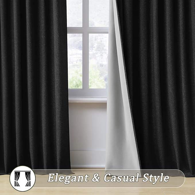 RAIN CITY Blackout Textured Curtains for Living Room Dining Room Linen Blend Black Out Curtains 2 Panels Set, Thermal Insulated Curtain Window Drapes 96 Inches Long