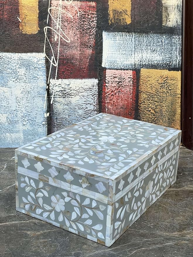 Decorative Wooden Storage Box with Mother of Pearl Inlay – Elegant Floral Design – Perfect for Home Décor in Living Room, Dining Area, or Bedroom (Grey, 9x6x3.5 inch)