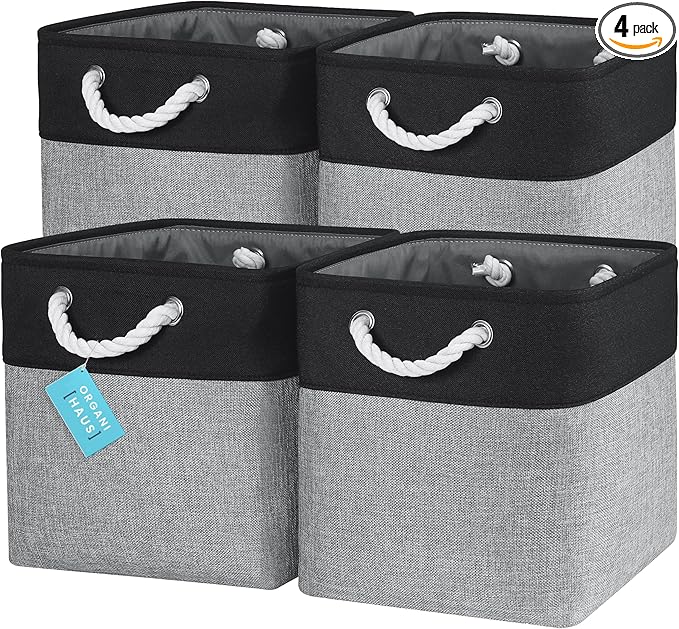 OrganiHaus 12x12 Cube Storage Bins 4 Pack, Foldable Cube Storage Organizer w/ Rope Handles, Collapsible Fabric Bins for Toys, Clothes & Closet Organization, Fabric Square Baskets - Gray/Black