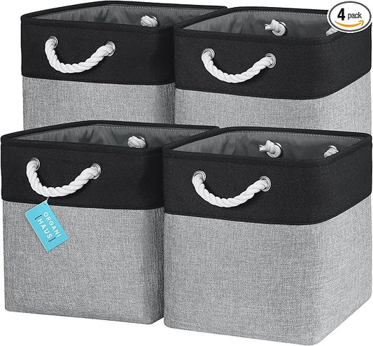 OrganiHaus 12x12 Cube Storage Bins 4 Pack, Foldable Cube Storage Organizer w/ Rope Handles, Collapsible Fabric Bins for Toys, Clothes & Closet Organization, Fabric Square Baskets - Gray/Black