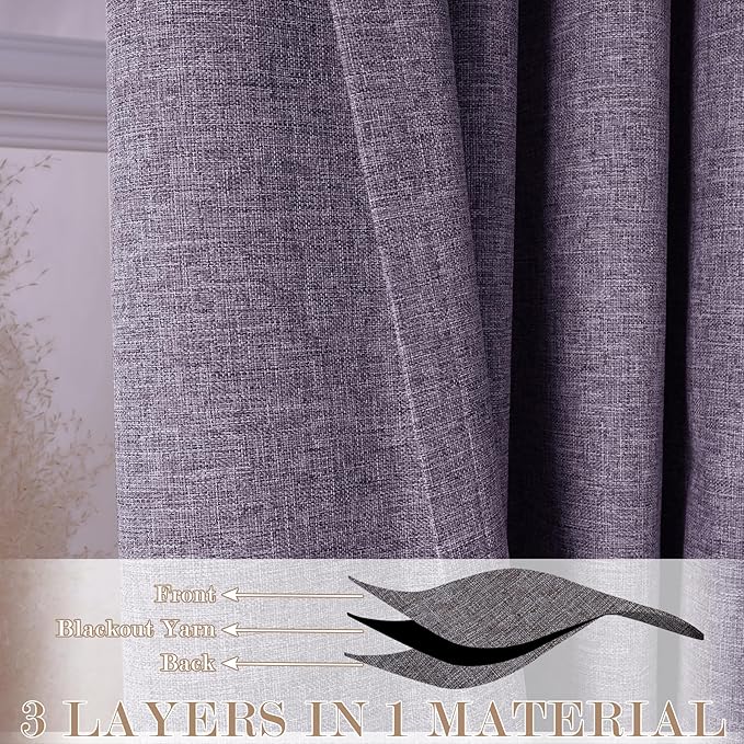 Extra Wide 100% Blackout Linen Textured Curtains - Room Dividers, W200 x L96 (1 Panel), Pinch Pleat Drapes for Living Room, Full Light Block Out Drapery for Sliding Door, Violet