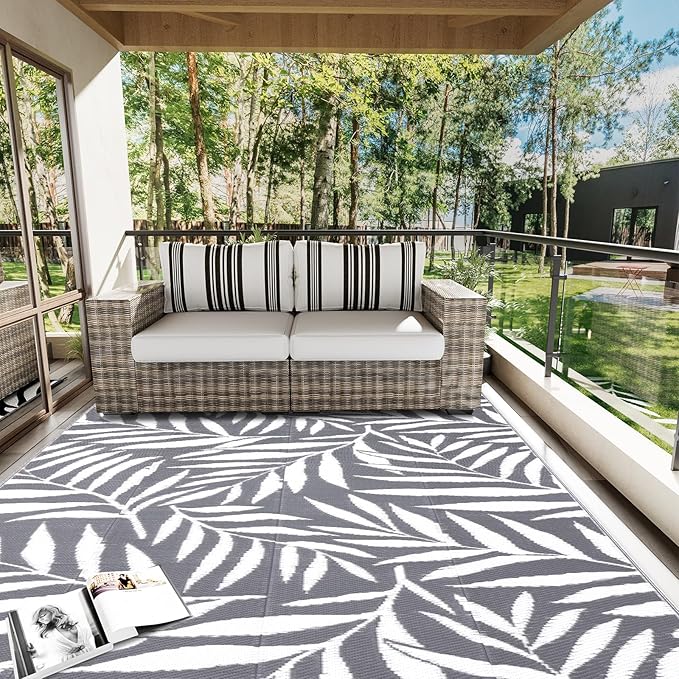 OLANLY Waterproof Outdoor Rug 5x8 ft, Reversible Outdoor Plastic Straw Rug with Leaf Pattern, RV Mat, Indoor Outdoor Carpet for Patio, Camping, Balcony, Deck, Backyard, Grey & White
