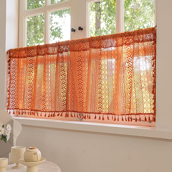 Sutuo Home Terracotta Boho Valance Short Curtains Crochet Lace Sheer Bohemian Hollow Knitted with Tassels, Privacy Vintage Rustic Farmhouse Drapes for Kitchen, Rod Pocket 1 Panel 59" W x 36" L, Orange