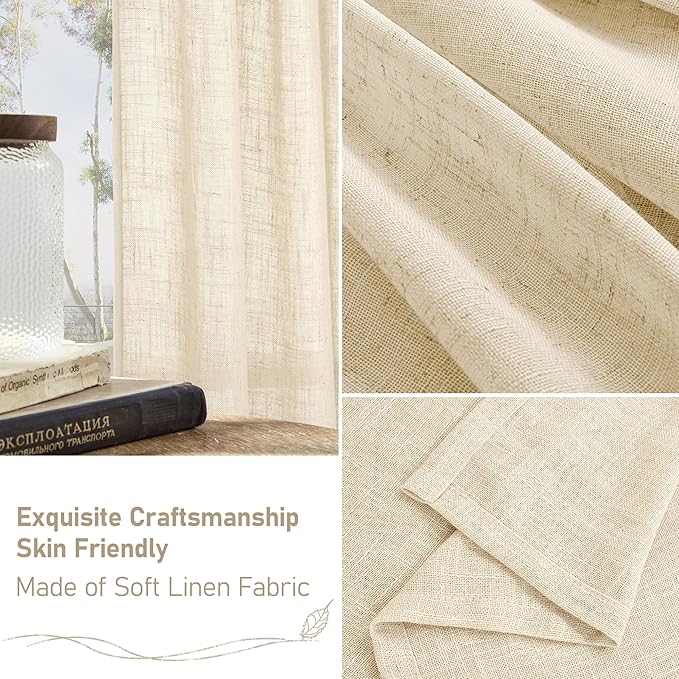 LAMIT Beige Linen Curtains 63 inch Length 2 Panels for Living Room, Bronze Grommet Soft Semi Sheer Light Filtering Window Treatments Neutral Drapes for Bedroom, 52 x 63 Inch, Beige