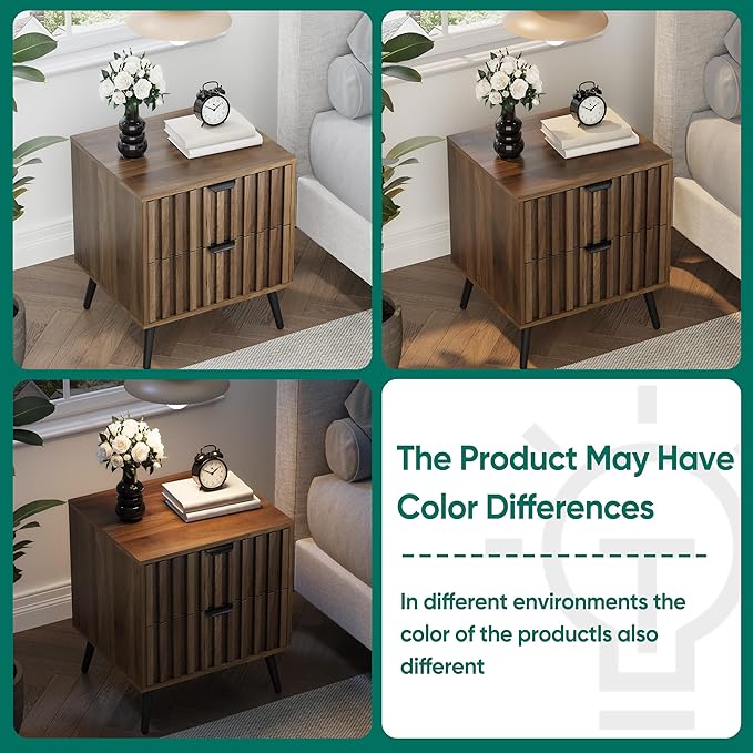 Smuxee Walnut Wooden Night Stand, Mid Century Nightstand with 2 Fluted Drawers, Bedside Table with Metal Feet, Modern End Side Table for Bedroom