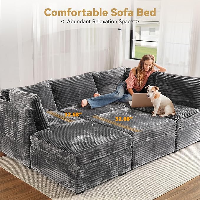 Modular Sectional Sofa with Chaise, U-Shaped 7-Seater Cloud Couch for Living Room, Plush Corduroy Fabric, Includes Movable Ottoman, Beige