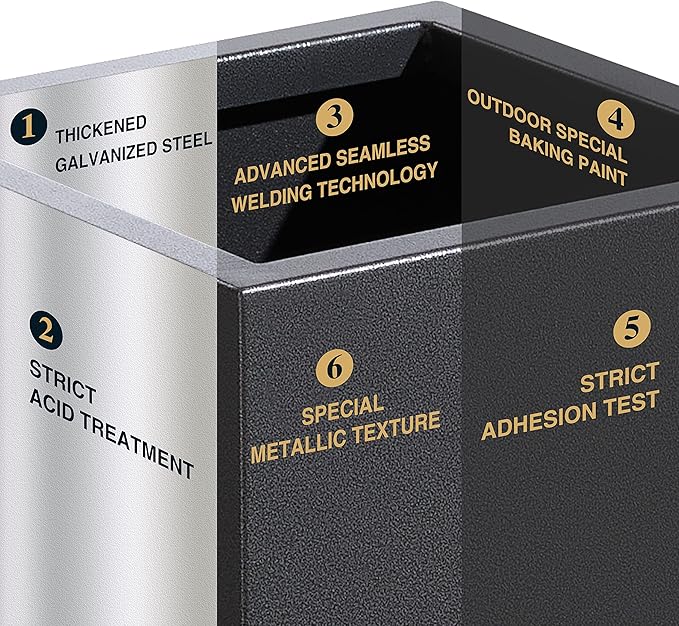 Metallic Heavy Tall Outdoor/Indoor Planter Box, Rectangular, 14Lx14Wx30H Inches, ‎25LBS/PC, Dark Gray, No Assembly Required and Seamless, Set of 2