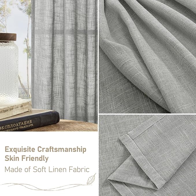 LAMIT Grey Linen Curtains 95 inch for Living Room, Semi Sheer Light Filtering Boho Window Textured Burlap Drapes with Bronze Grommet for Bedroom Farmhouse, 2 Panels Set, 52 x 95 Inch