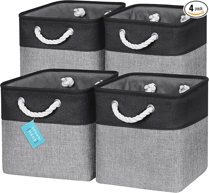 OrganiHaus 11x11 Cube Storage Bins 4 Pack, Foldable Cube Storage Organizer w/ Rope Handles, Collapsible Fabric Bins for Toys, Clothes & Closet Organization, Fabric Square Baskets - Gray/Black