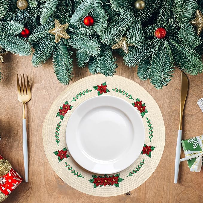 Whaline 4Pcs Round Christmas Flower Placemats Embroidered Xmas Poinsettia Place Mats Decorative Dinner Table Mats for Holiday Party Decor