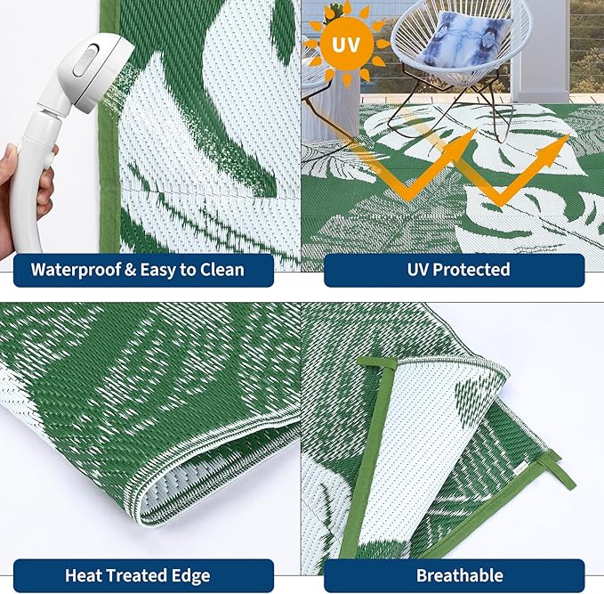 GAOMON Outdoor Rugs 9x18 Waterproof Patio Rug Outdoor Plastic Straw Rug Reversible Camping Mat, Portable RV Picnic Carpet with Bag & 4 Stakes, UV Resistant Outside Carpet for Deck Balcony, Green