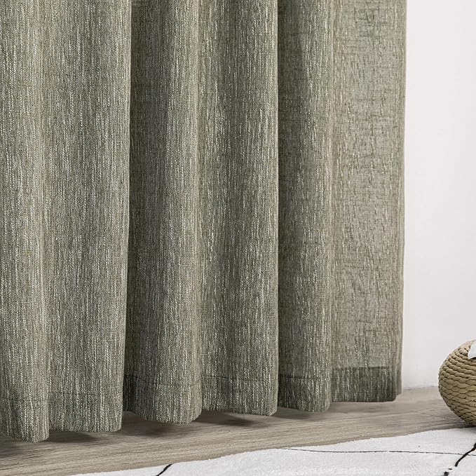 MYSKY HOME 90 Inches Long Living Room Curtains Farmhouse Light Filtering Privacy Curtain Drapes for Patio Door, Linen Look Texture Fabric Bohemian Draperies Soft Touch, 50x90, Olive Green, 2 Panels