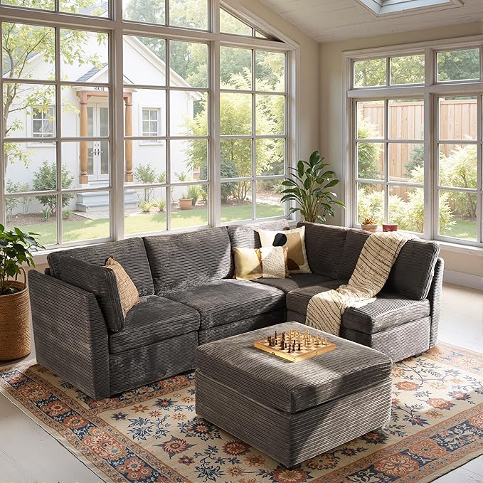 Modular Sectional Sofa, 130.7" L Shaped Couch Set for Living Room, 4-Seater Comfy Cloud Couches with Movable Ottoman, DIY Combination, Plush Corduroy, Gray