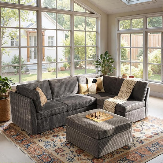 Modular Sectional Sofa, 130.7" L Shaped Couch Set for Living Room, 4-Seater Comfy Cloud Couches with Movable Ottoman, DIY Combination, Plush Corduroy, Gray