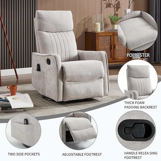 Manual Swivel Rocker Recliner Chair for Adults, Overstuffed Reclining Glider Chair for Nursing with Vibration Massage & Heat, Living Room Rocking Recliner 2-Stage backrest, Chenille Fabric Light Gray