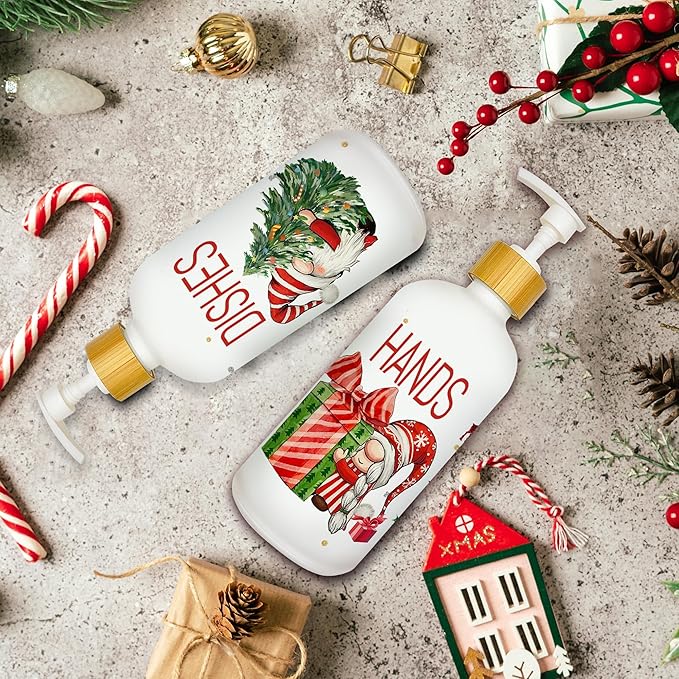 Hexagram Christmas Soap Dispenser Set of 2, Christmas Kitchen Decor, Xmas Gnomes Glass Soap Dispenser for Home Indoor Decorations, Xmas Refillable Lotion Essential Oil Dispensers with Pump