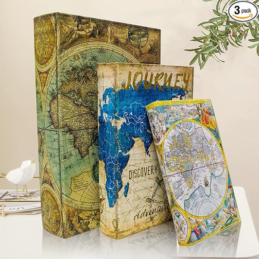 Decorative Book Box Set of 3, Fake Book Trinket Keepsake Storage Boxes with Ancient World Map Pattern, Graduation Gift