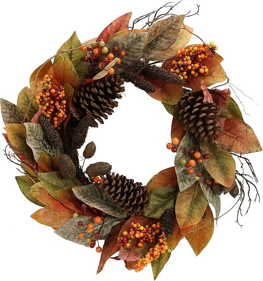 Admired By Nature 24 Inch Artificial Fall Magnolia Leaf Vine Berry Wreath Autumn Leaves For Wall Fornt Door Home Office Farmhouse Thanksgiving Harvest Cemetery Wreaths Indoor Outdoor, Orange-Pinecones