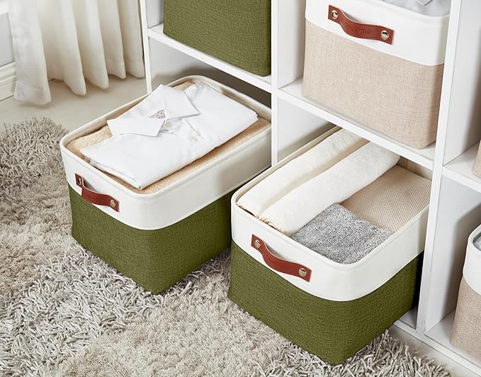 DECOMOMO Storage Bins Fabric Storage Baskets for Shelves, Linen Closet Organization Toys Nursery (Olive Green and White, Large - 3 Pack)