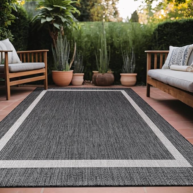 Bordered Outdoor Rug 5x7 Washable Outside Carpet for Indoor Patio Porch Waterproof Easy Cleaning Non Shedding Area Rugs Gray 5 x 7