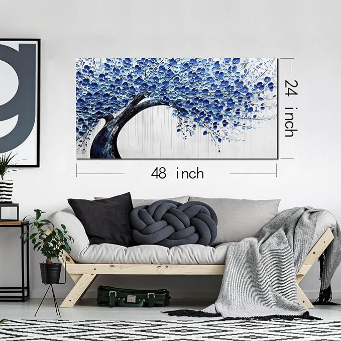 Large Wall Art for Living Room Bedroom Home Office Blue Tree of Life Wall Art Floral Picture Framed Wall Decor Modern Canvas Prints 24x48 In