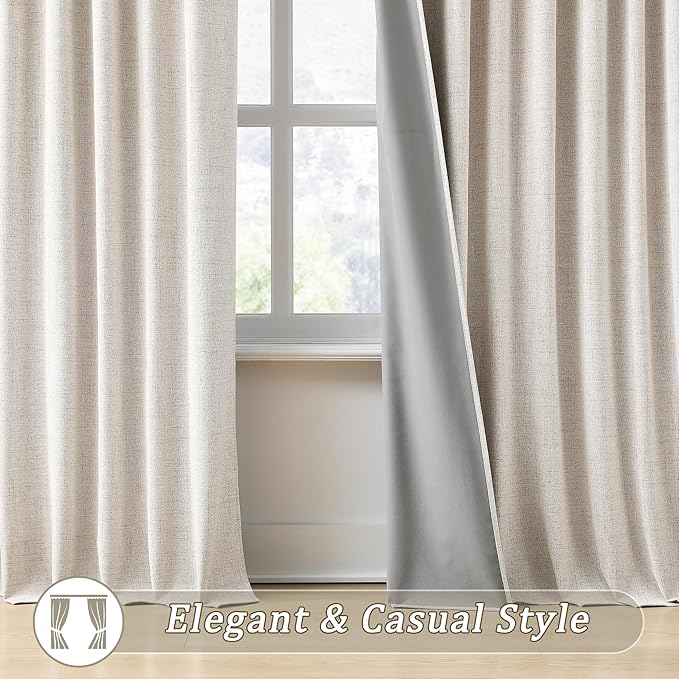 RAIN CITY Blackout Beige Curtains for Living Room 100 Inch Long 2 Panels,Linen Textured Rustic Dull Room Darkening Drapes for Dining Room Back Tab with Hooks Cottage Urban Decor 50x100