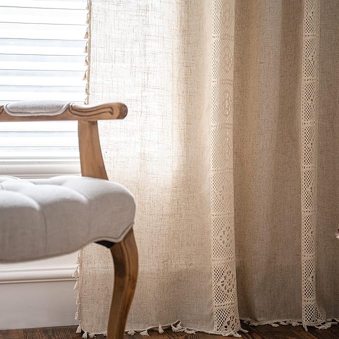 Sutuo Home Boho Curtains for Bedroom Nursery, Bohemian Semi-Blackout Geometric Crochet Hollow Lace Patchwork with Textured Linen Fabric Farmhouse Tassels Rod Pocket Window Drapes, 59"W x 72"L, 1 Panel