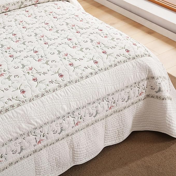 MarCielo 3-Piece 100% Cotton Oversized Bedspread Lightweight Quilt Coverlet Embroidery Farmhouse Bedding Set (TC Soft White,Oversized Queen (100"x106"))