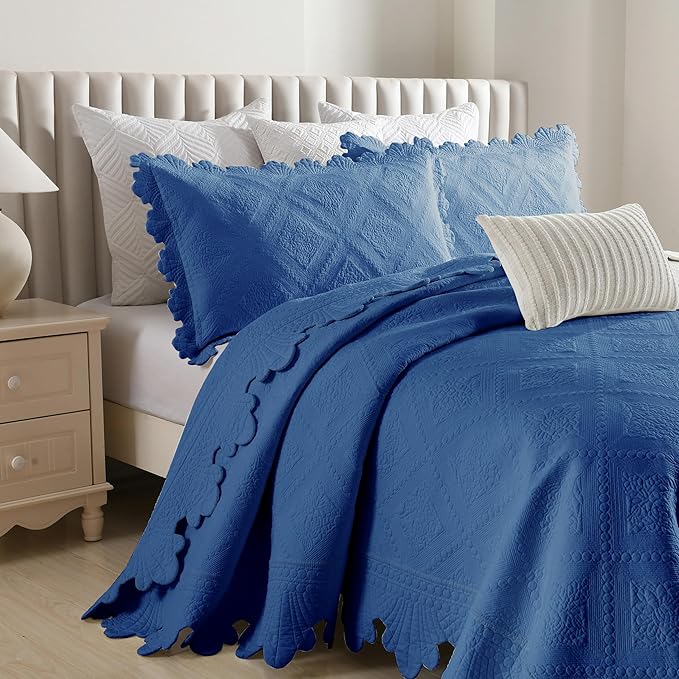 MarCielo 3-Piece 100% Cotton Oversized Bedspread Lightweight Quilt Coverlet Embroidery Farmhouse Bedding Set (Tk Midtone Blue, Oversized Queen (100"x106"))