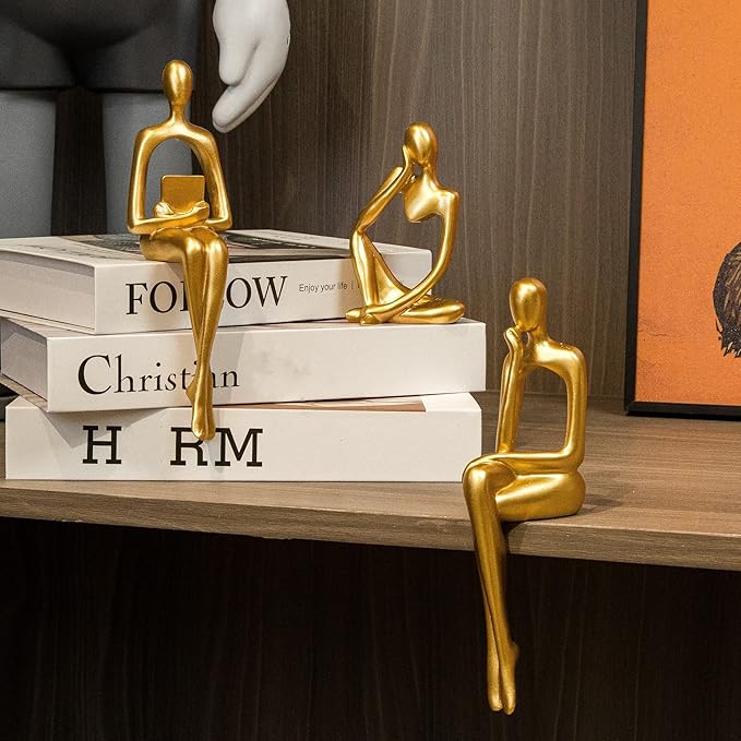 Gold Home Decor Thinker Statue Accents, Set of 3 Thinker Sculptures Office Decor Modern Abstract Resin Decoration on Shelf Table Desk for Living Room Office Bedroom (Large Gold)