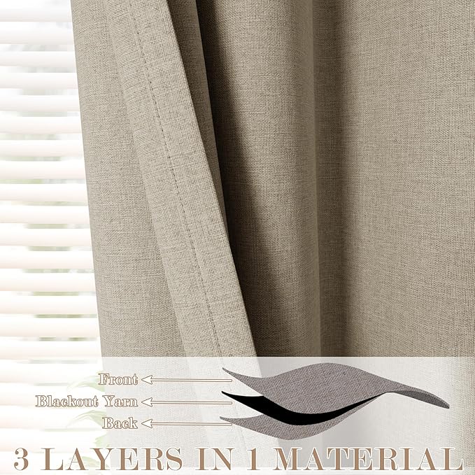 Light Khaki Pinch Pleat 100% Blackout Drapes Linen Blend, Room Divider, Room Darkening, Energy Saving, Furniture Protecting, Light Blocking Extra Wide Privacy Curtains, 200Wx108L, 1 PC