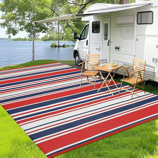 Outdoor Plastic Straw Rug 9x18 Waterproof Outside Rug, Large Modern Striped Reversible Floor Mats, Foldable & Lightweight Camping Carpet for Patio, Porch, Deck, Backyard, Balcony, Red Blue White