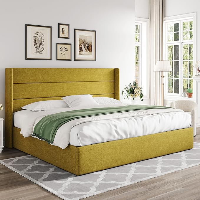 Allewie King Size Lift Up Storage Bed, Modern Wingback Headboard, Hydraulic Support, No Box Spring Needed, Olive Yellow