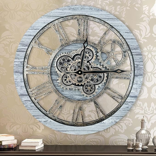 HOIBAI Large Wall Clock, Wall Clocks for Living Room Decor Farmhouse Vintage Rustic Kitchen Wall Decor Vintage Roman Big Oversized Wall Clock for Home Bedroom House Office, Moving Gears Clock