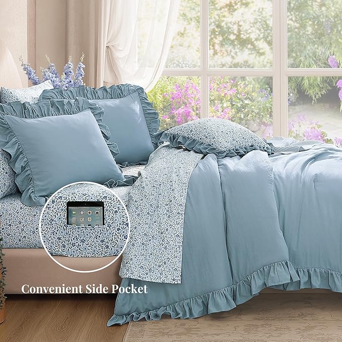 King Comforter Set - 7 Pieces Ruffle Blue Bedding Sets, Shabby Chic Farmhouse Bed in a Bag King with Ruffle Comforter, Floral Sheets, Pillowcases & Shams