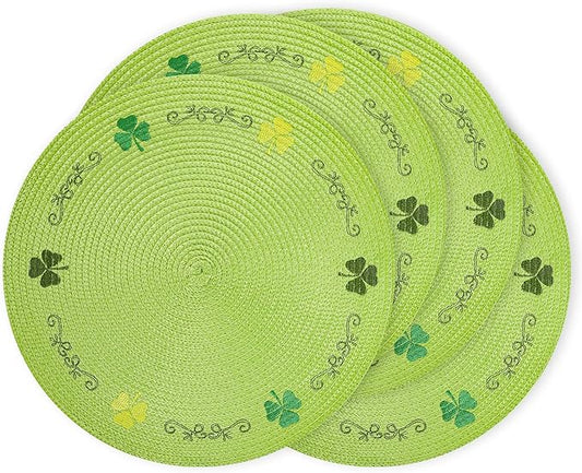 Whaline 4Pcs Round St. Patrick's Day Placemats Embroidered Shamrock Place Mats Green Clover Dinner Table Mats for Home Spring Irish Holiday Birthday Party Decor