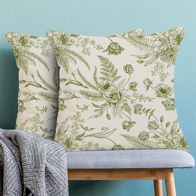 CXMEIFLY Sage Green Spring Pillow Covers 24 x 24 Inch Set of 2 for Chinoiserie Flowers Decor Throw Pillows Floral Leaves Seasonal Plant Outdoor Decorative Cushion Cases for Couch Bed Decorations