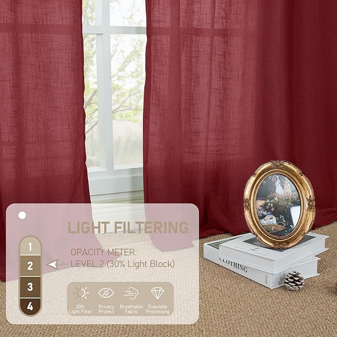 LAMIT Burgundy Red Linen Curtains 72 Inch for Living Room, Bronze Grommet Linen Textured Christmas Curtains Light Filtering Drapes for Bedroom/Dining Room, Set of 2, 52 x 72 Inch