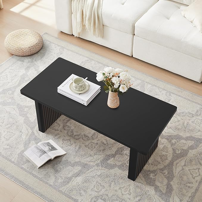 Rectangular Fluted Coffee Table, Farmhouse Wood Coffee Table Mid Century Modern Center Table Boho Living Room Tables for Living Room Office (Black, 19.69" D x 43.3" W x 17.72" H)