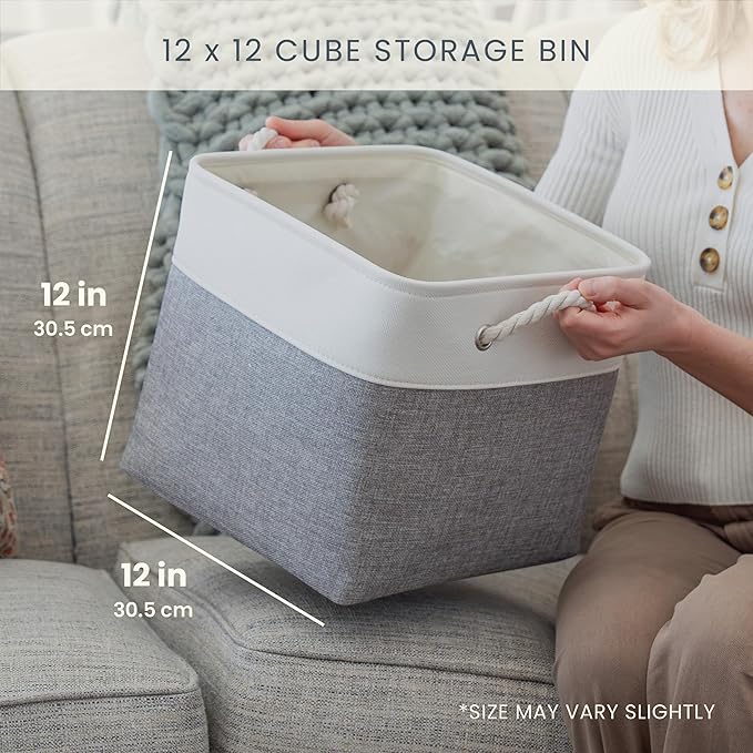 OrganiHaus 12x12 Cube Storage Bins 4 Pack, Foldable Cube Storage Organizer w/ Rope Handles, Collapsible Fabric Bins for Toys, Clothes & Closet Organization, Fabric Square Baskets - Gray/White