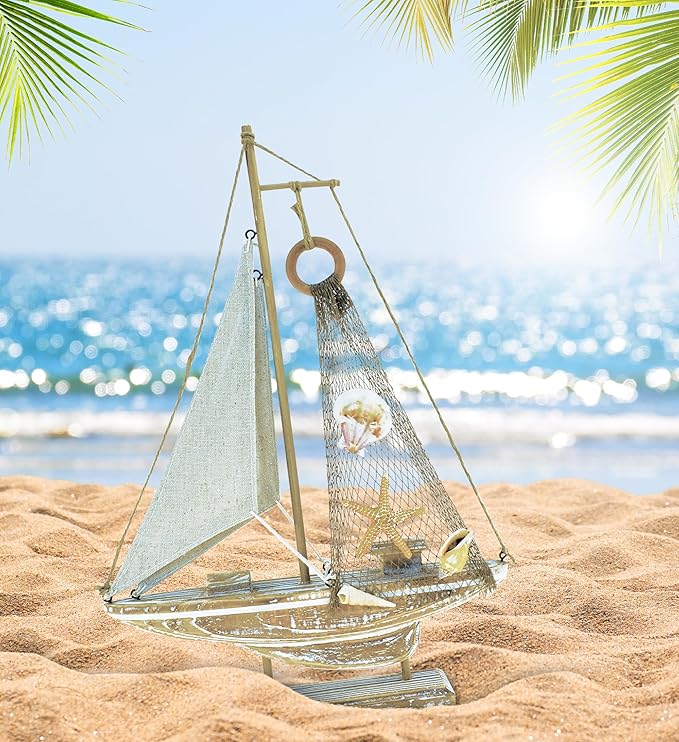 Puzzled Baja Haven Sailboat Decor - Handmade Beach Themed Wooden Boat Home Decor for Living Room Shelves, Tabletop, Desk, Cute Nautical Party Decorations - 14.5 Inches