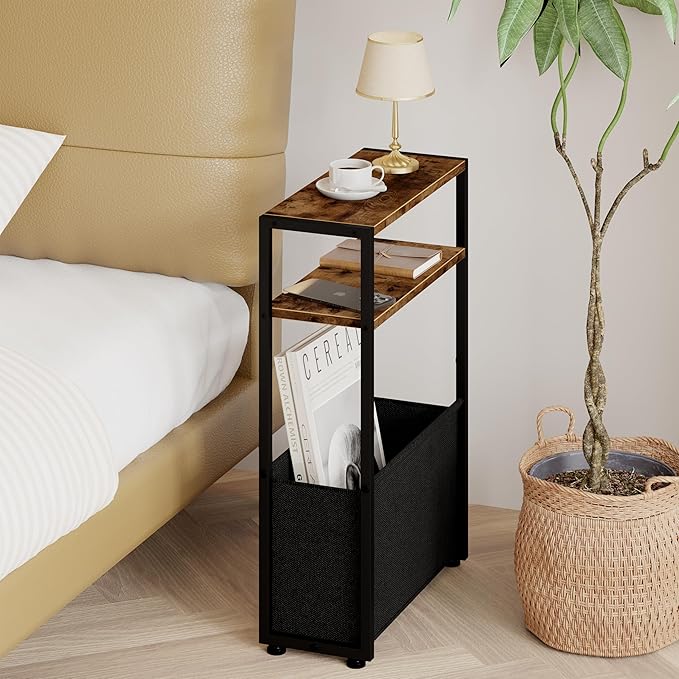 Narrow Side Table, Slim End Tables with Fabric Basket, Skinny Table for Small Spaces, Thin Bedside Table for Living Room, Bedroom
