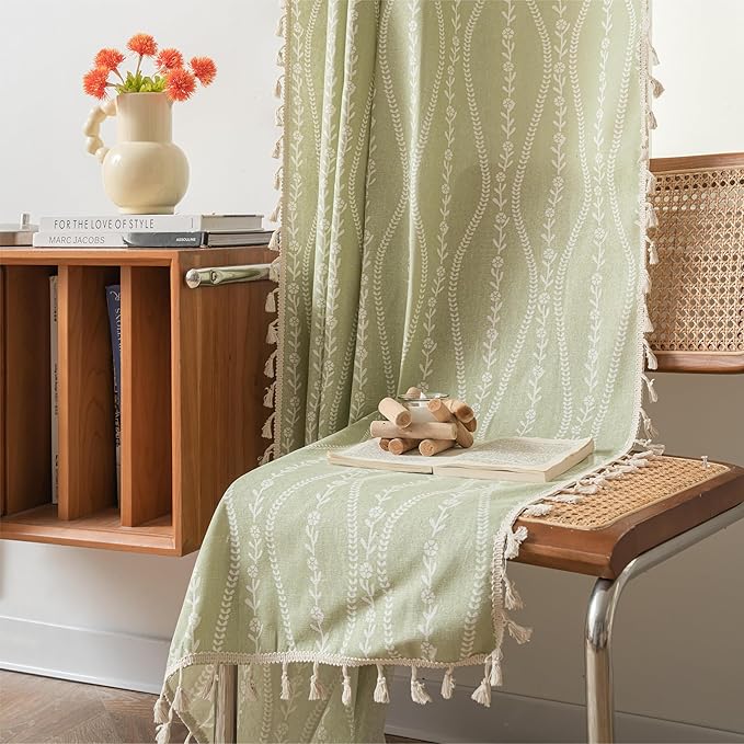 Sutuo Home Boho Curtains 63 Inches Length for Kitchen Doorway Cafe Dining Room, Vintage Tassels Window Treatment Drape for Xmas Decorations Rod Pocket, 1 Panel 59" W x 63" L,Green Stripe Floral