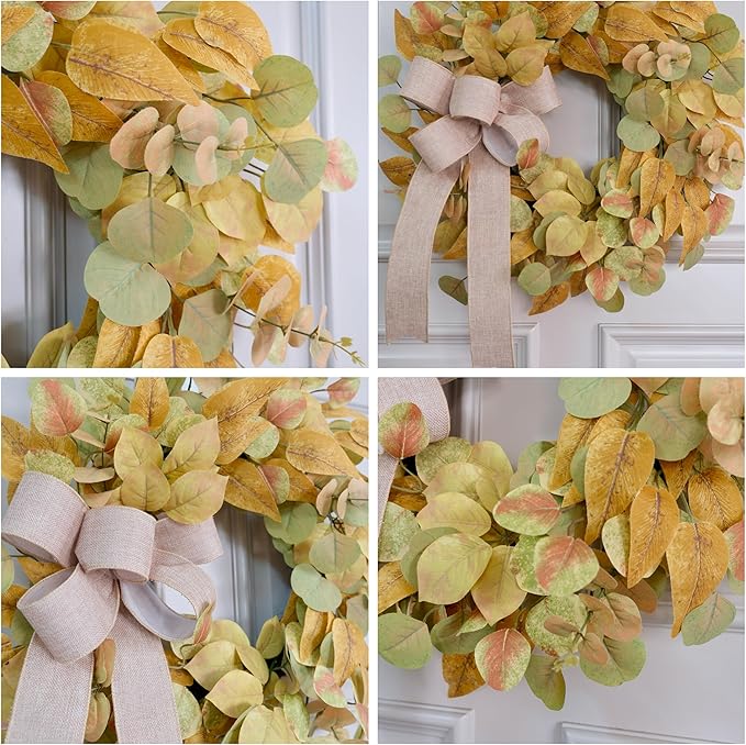Fall Wreath for Front Door 24 Inch, Autumn Colored Faux Leaves Wreath with Bow, Simple & Minimalist Fall Decoration for Home Farmhouse Door Wall Window Indoor/Outdoor