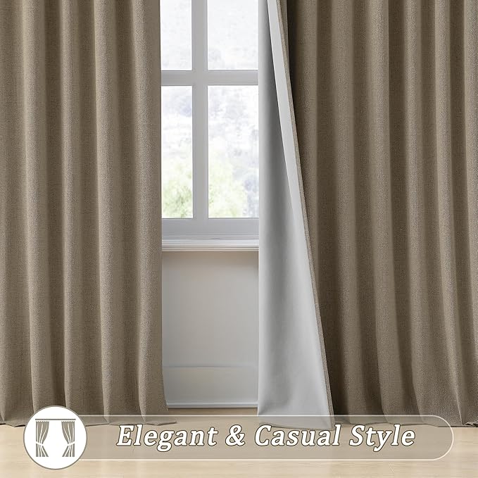 RAIN CITY Linen Brown Blackout Curtains 2 Panels Set,Back Tab Pleated Curtains Hidden Tab with Hooks,Energy Efficinet Linen Polyester Blend Drapes for Bedroom Modern Classic W50xL63 Linen Brown