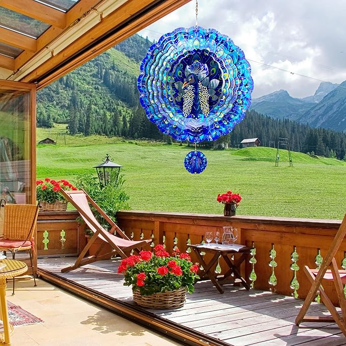 Peacock Gifts for Women, Peacock Wind Spinner Garden Decor, 12 inch 3D Hanging Wind Spinners Outdoor