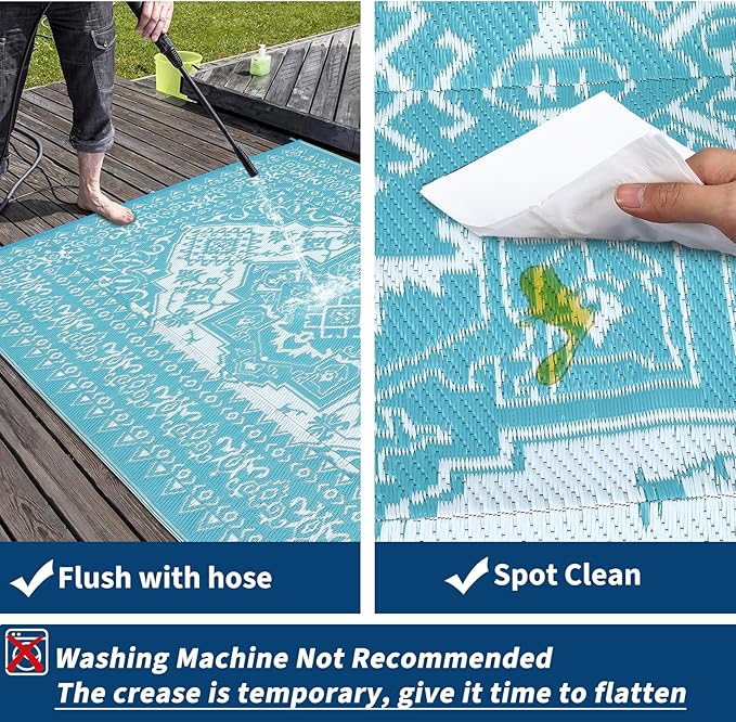 GAOMON Outdoor Rugs 8x10 Waterproof Reversible Outdoor Plastic Straw Rug, Large Patio Rugs UV-Resistant Portable RV Camping Mats, Vintage Boho Carpet for Deck Porch Garden, Light Blue & White