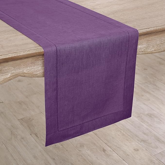 Solino Home Linen Purple Table Runner 48 Inches - Classic Hemstitch, 100% Pure Linen Coffee Table Runner 14 x 48 Inch Ideal for Dresser Tables - Fall, Autumn, Halloween, Thanksgiving